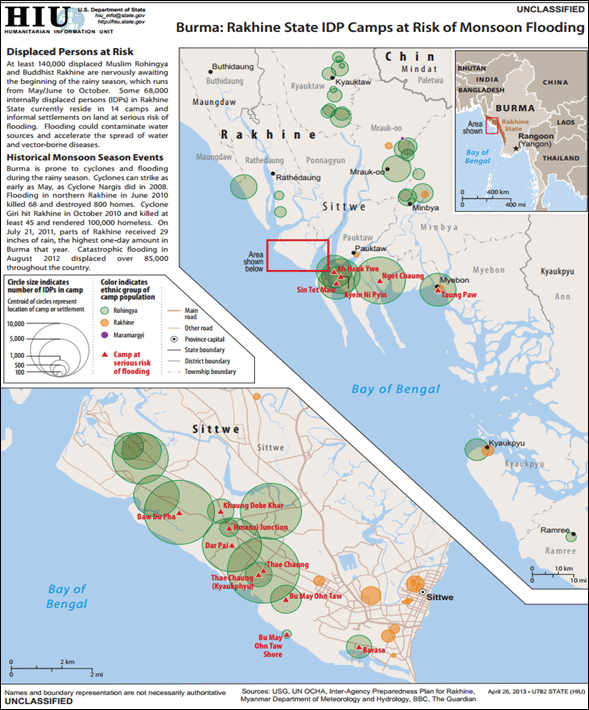 Figure 4: IDP camps in Rakhine at risk of monsoonal flooding