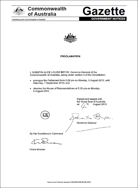 Facsimile image of the Proclamation of the dissolution of the House of Representatives by the Governor-General