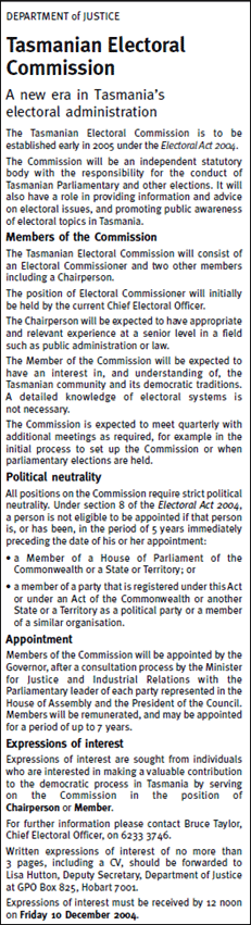Appendix 3: Reform of Tasmanian Electoral Act 2004