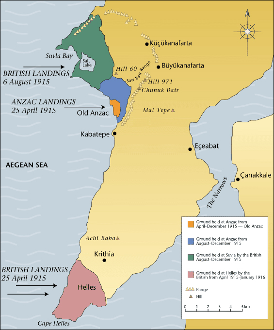 Map of the Gallipoli Peninsula and the Straits of the Dardanelles showing the site of the landings and the ground held by British forces April 1915–January 1916.