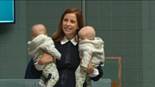 Anika Wells and her infant twins in the House of Representatives chamber