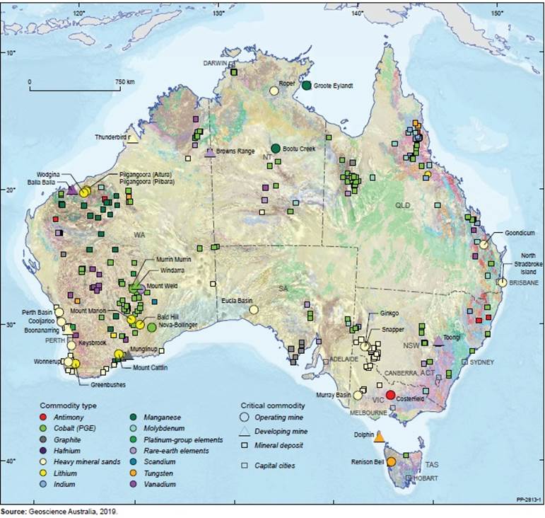 map of Australia showing major critical mineral operating and developing mines in Australia