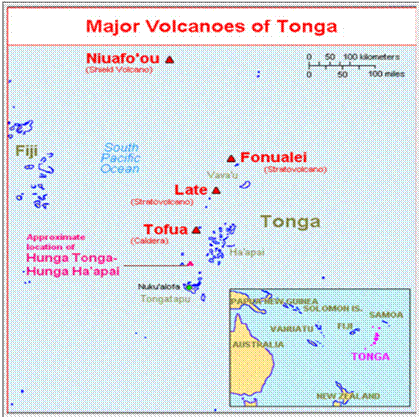 Map showing major volcanoes of Tonga