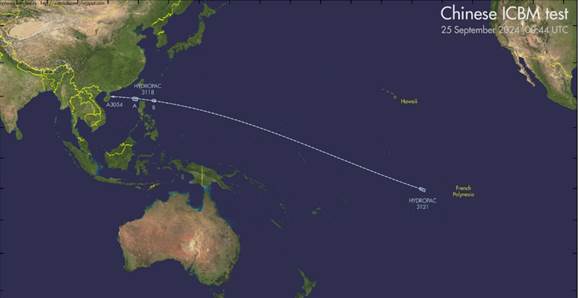 A map of the world showing a missile track from China to the central Pacific