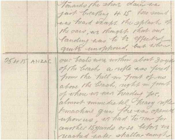Figure 3: An excerpt from the 10th Infantry Battalion’s War Diary describing the landing at ANZAC Cove on 25 April 1915.