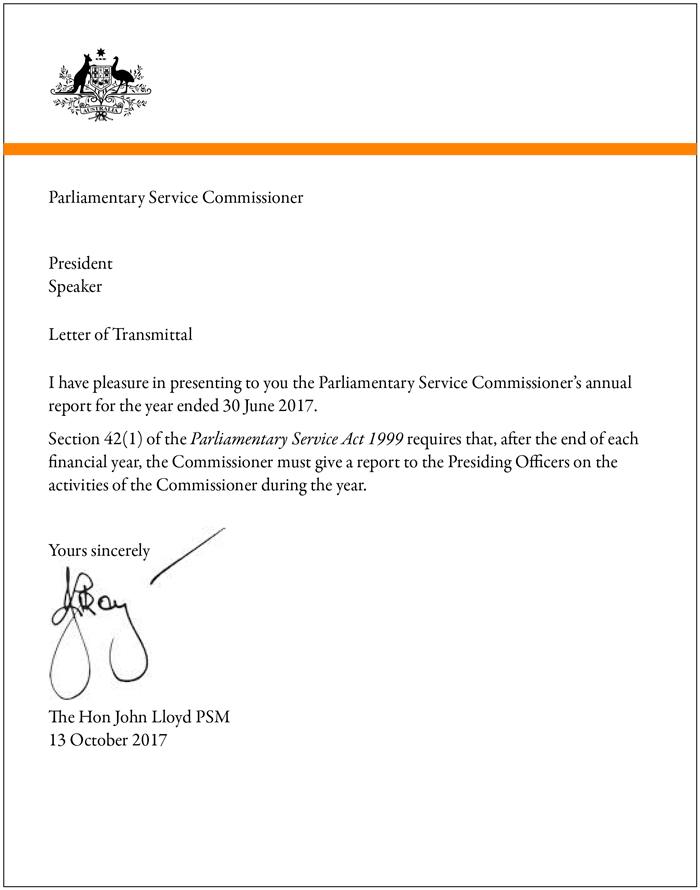 Parliamentary Service Commissioner Letter of Transmittal