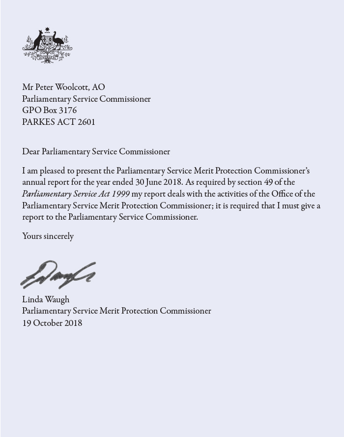 Parliamentary Service Merit Protection Commissioner Annual Report 2017-18 signed letter of transmittal