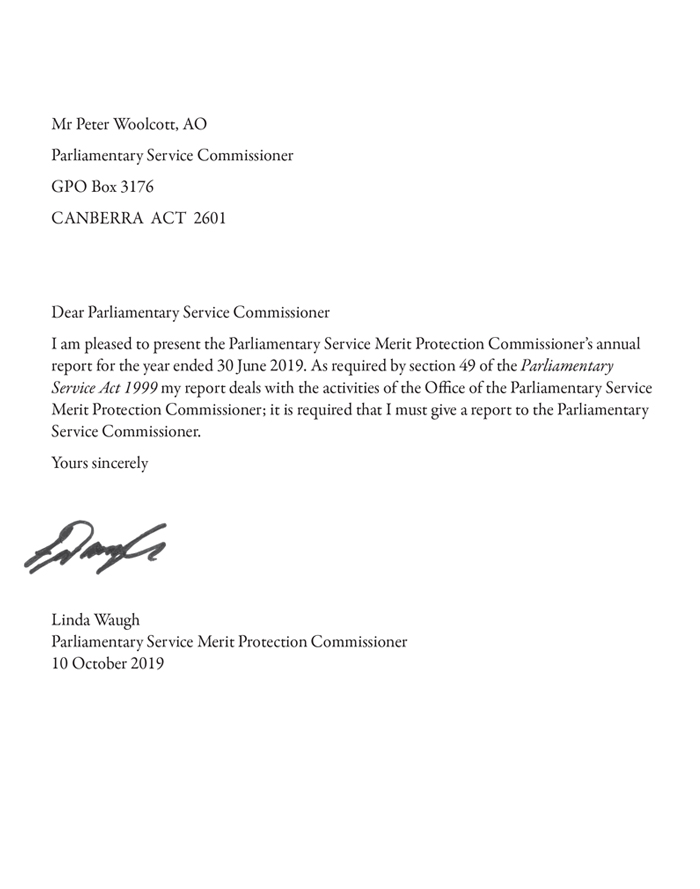 Parliamentary Service Merit Protection Commissioner Annual Report 2018-19 signed letter of transmittal