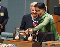 Aung San Suu Kyi and the Speaker with the Hour Glasses in the House of Representatives Chamber