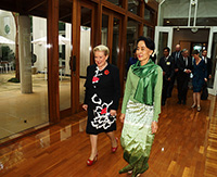 Hon Bronwyn Bishop MP and Aung San Suu Kyi near the Speaker's courtyard in Parliament House
