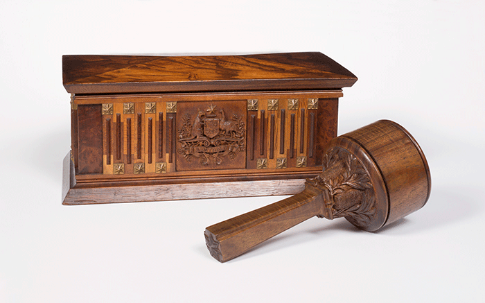 Mallet and casket used by Prince of Wales when laying foundation stone on Capital Hill in 1920