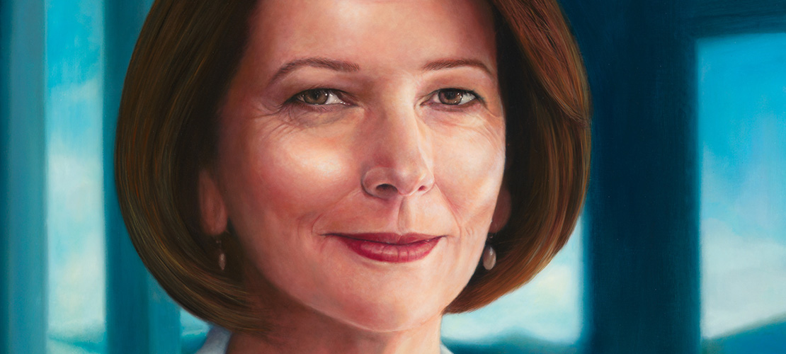 Detail of portrait of Prime Minister Julia Gillard by Vincent Fantauzzo for the Historic Memorials Collection. 