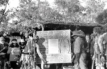 G Yunupingu, Northern Land Council representative, and Wenten Rubuntja, Central Land Council representative, present the Barunga Statement to Prime Minister Bob Hawke, 1988; photograph courtesy of the Central Land Council.