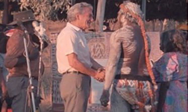 Prime Minister Bob Hawke and G Yunupingu shake hands after the presentation of the Barunga Statement, 1988; photograph courtesy of Ronin Films.