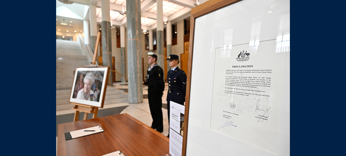 A copy of the Proclamation of His Majesty King Charles III is put on display at Australian Parliament House