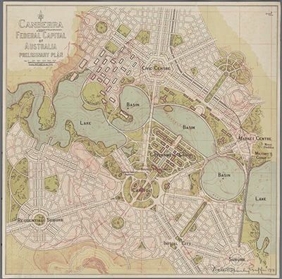 Walter Burley Griffin (1876-1937), Canberra Federal Capital of Australia preliminary plan, 1913. Courtesy of the National Library of Australia, nla.obj-230041959.