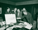 Sir John Overall, Robin Boyd, Sir Daryl Lindsay, Mr Peter Nixon and Mr John Gorton look at the plan for the new National Gallery in Canberra, Australian News and Information Bureau