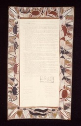 Yirrkala artists, Yirritja moiety, Yirrkala Bark Petition 28.8.1963, 46.9 x 21 cm, natural ochres on bark, ink on paper 