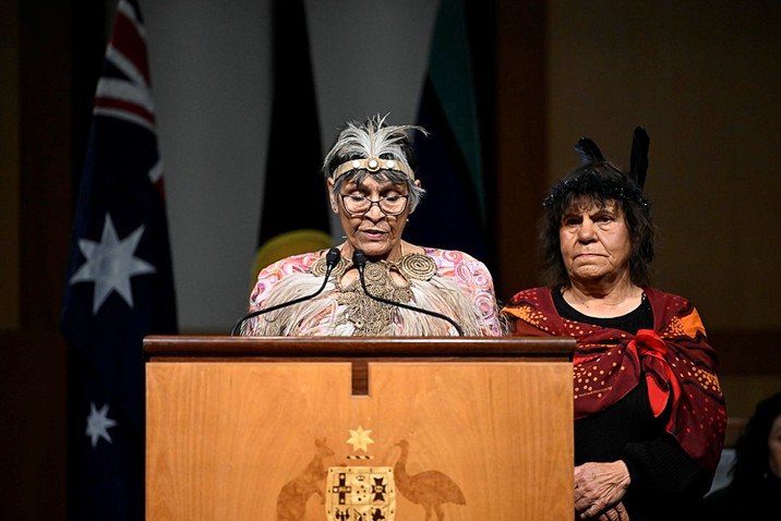 Ngunnawal elder Aunty Violet Sheridan delivers the Welcome to Country on the opening day of the 48th Parliament. Courtesy of AUSPIC.