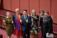 Dean Smith (centre) and five of the co-sponsors of his private bill (from left: Louise Pratt, Janet Rice, Skye Kakoschke-Moore, Penny Wong and Derryn Hinch.