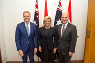 (l-r) Tony Smith (Speaker of the House of Representatives), Her Excellency, Kolinda Grabar-Kitarovic, and Stephen Parry (President of the Senate) at Parliament House