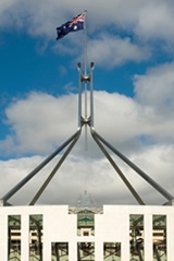 The imposiing structure of the flag pole atop Australia's Parliament House