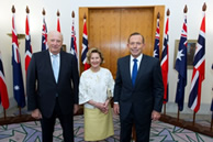Their Majesties King Harald V and Queen Sonja of Norway with Prime Minister Tony Abbott MP at Parliament House