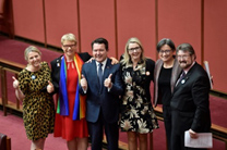 Senator Dean Smith (centre) and five of the co-sponsors of his private bill (from left: Senators Louise Pratt, Janet Rice, Skye Kakoschke-Moore, Penny Wong and Derryn Hinch.