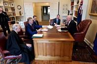 The Speaker, Attorney-General and Clerk present the Governor-General with the first bill for his assent