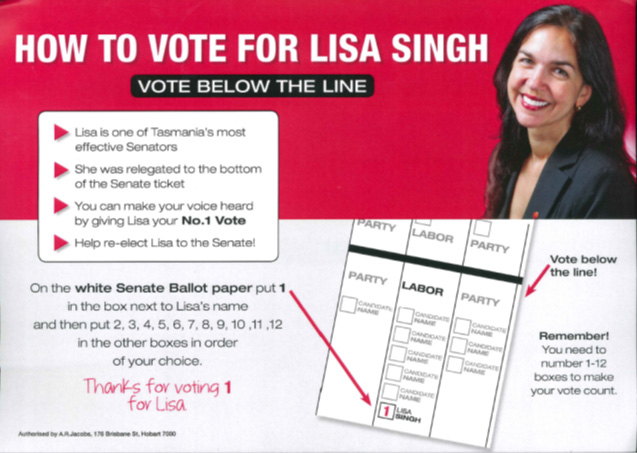 	Appendix G: Letterboxed flyer from "Re-Elect Lisa Group" for Tasmanian Senate election