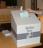 A person casting a vote at a ballot box