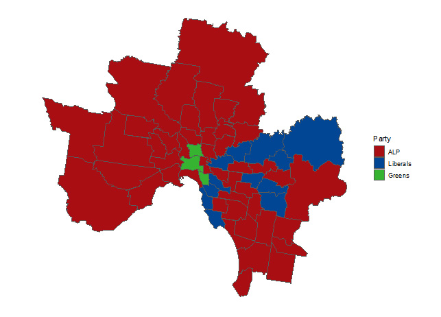 Winning party in metropolitan Legislative Assembly seats