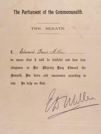 Oath taken by Senator Millen, 9 May 1901