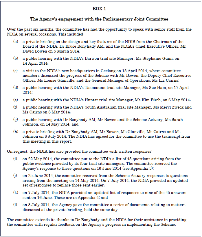 Box 1 - The Agency's engagement with the Parliamentary Joint Committee