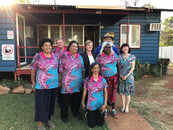 Figure 1.5: Photo of Senator Siewert, Senator Dodson, and Senator Reynolds with HCCC staff (from left to right) Ms Penaisia (Patsy) Burton, Mr Peter Jenkins, Ms Kaye T Rangitutia, Ms Leanne Reynolds and Ms Eileen Lightning outside the main office.