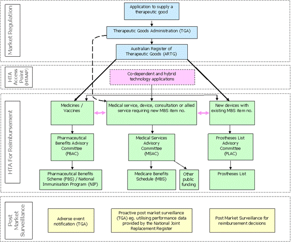 Figure 1.6: Map of current Australian Government HTA processes for market entry and for reimbursement processes
