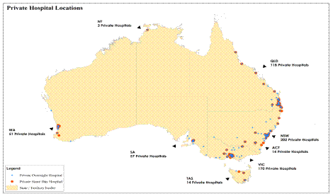 Figure 2.1 Locations of private hospitals in Australia