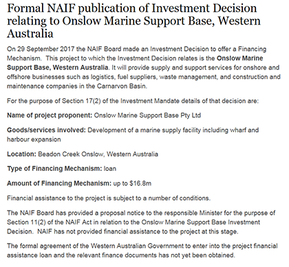 Figure 1: Northern Australia Infrastructure Facility website, 'Formal NAIF publication of Investment Decision' (accessed November 2017