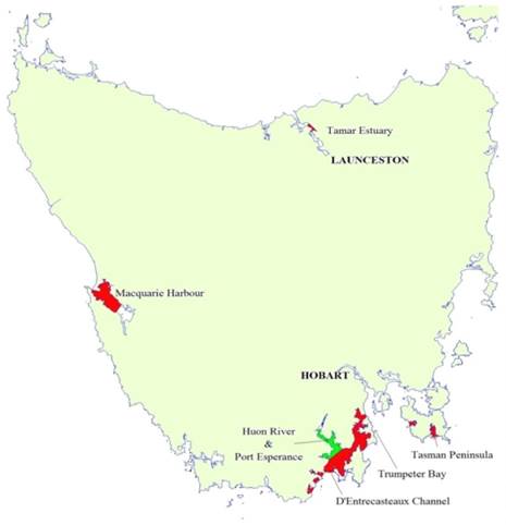 Figure 2.1: Marine lease areas in Tasmania