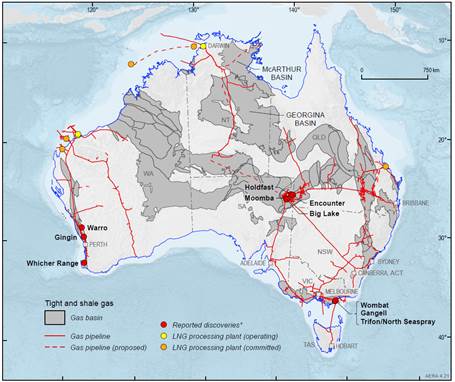 Figure 1.3: Tight gas and shale gas resource locations and gas infrastructure
