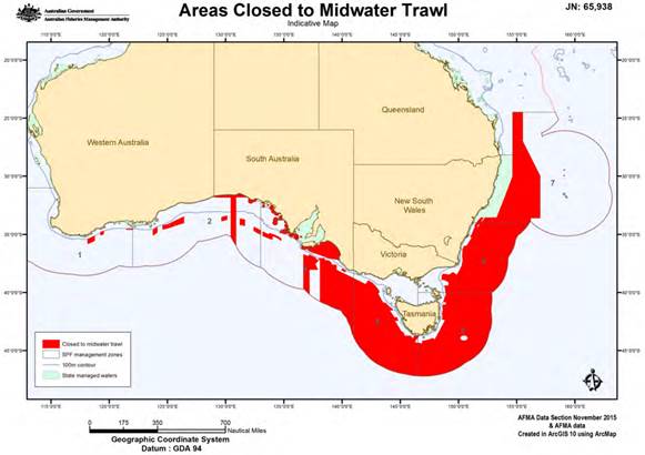 Figure 3.1: Areas in the SPF closed to midwater trawl, November 2015