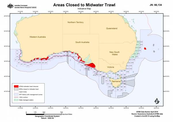 Figure 3.2: Areas in the SPF closed to mid-water trawl, 1 May 2016