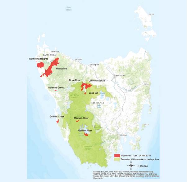 Figure 1.2: Major fires in Tasmania, 13 January to 24 March 2016