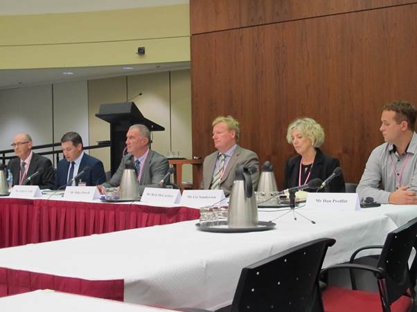 Nominated Medical Advisor Dr Edward Foley (far left) and Chief Medical Officer, Dr Rob McCartney (middle) appeared at the committee's hearing in Brisbane on 7 March 2016 alongside representatives from coal mining companies Vale Australia and Anglo American Coal
