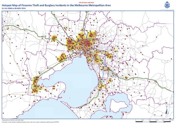 Figure 3.1: Hotspot map showing incidents of firearms theft and burglary