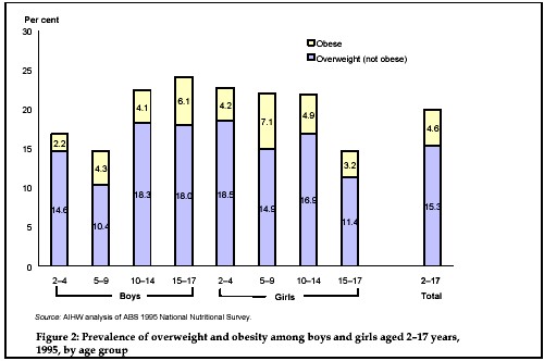 Prevalence of overweight and obesity among boys and girls aged 2-17 years, 1995 by age group