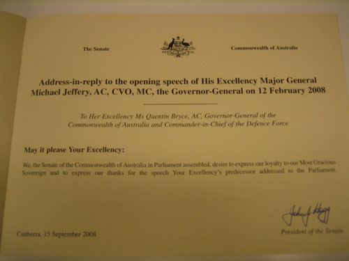 Copy of the Governor-General's opening speech