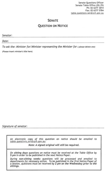 A pro forma which can be used to lodge questions on notice