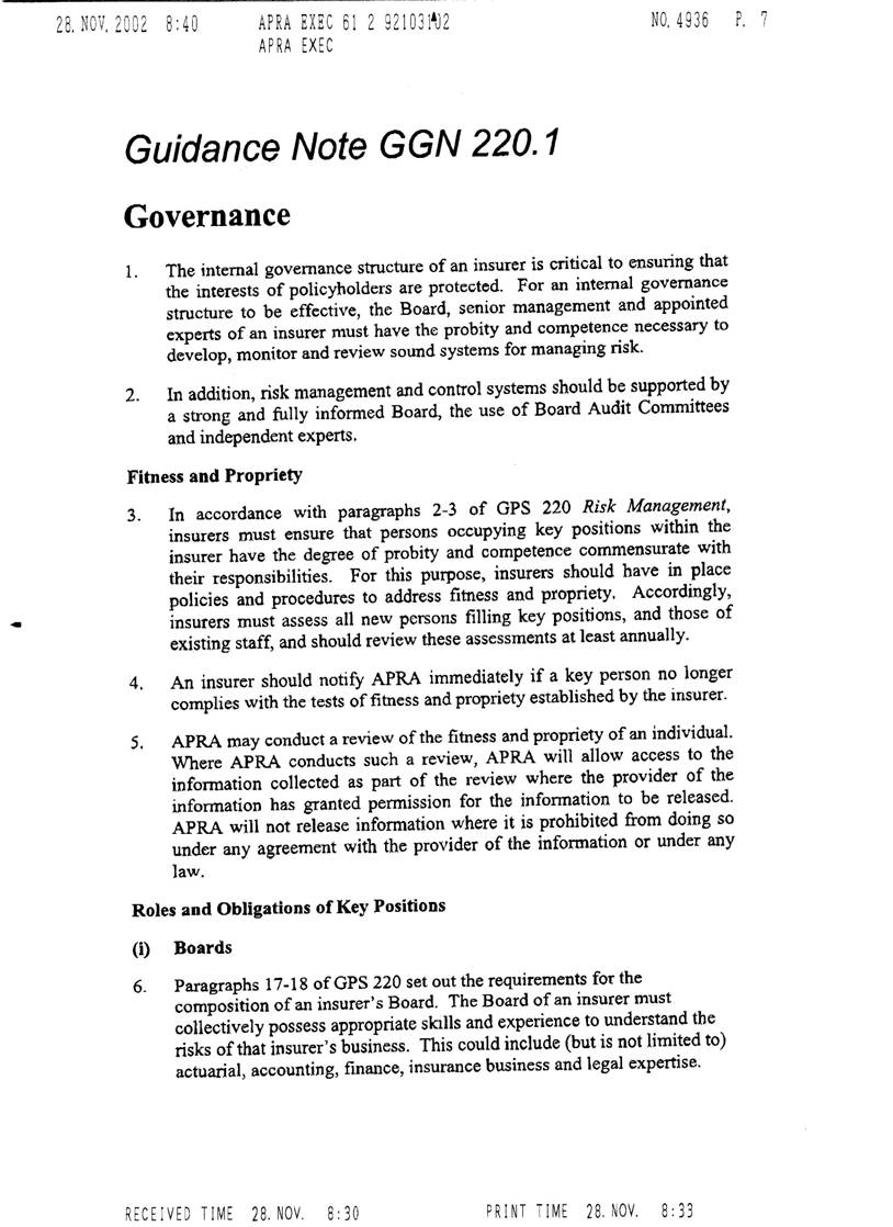 Extract from Prudential Standards and Guidance Notes Applied to General Insurers