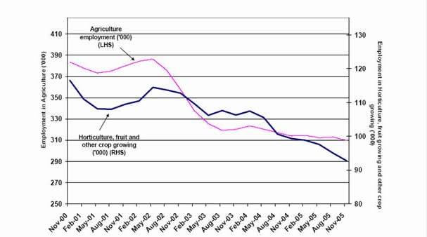 Employment in agriculture, horticulture, fruit and crop growing, November 2000 to November 2005